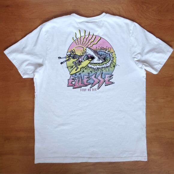 Ellesse T Shirt Size XL Surf or Die Graphic Print White Skeleton Shark Cotton - Picture 8 of 11